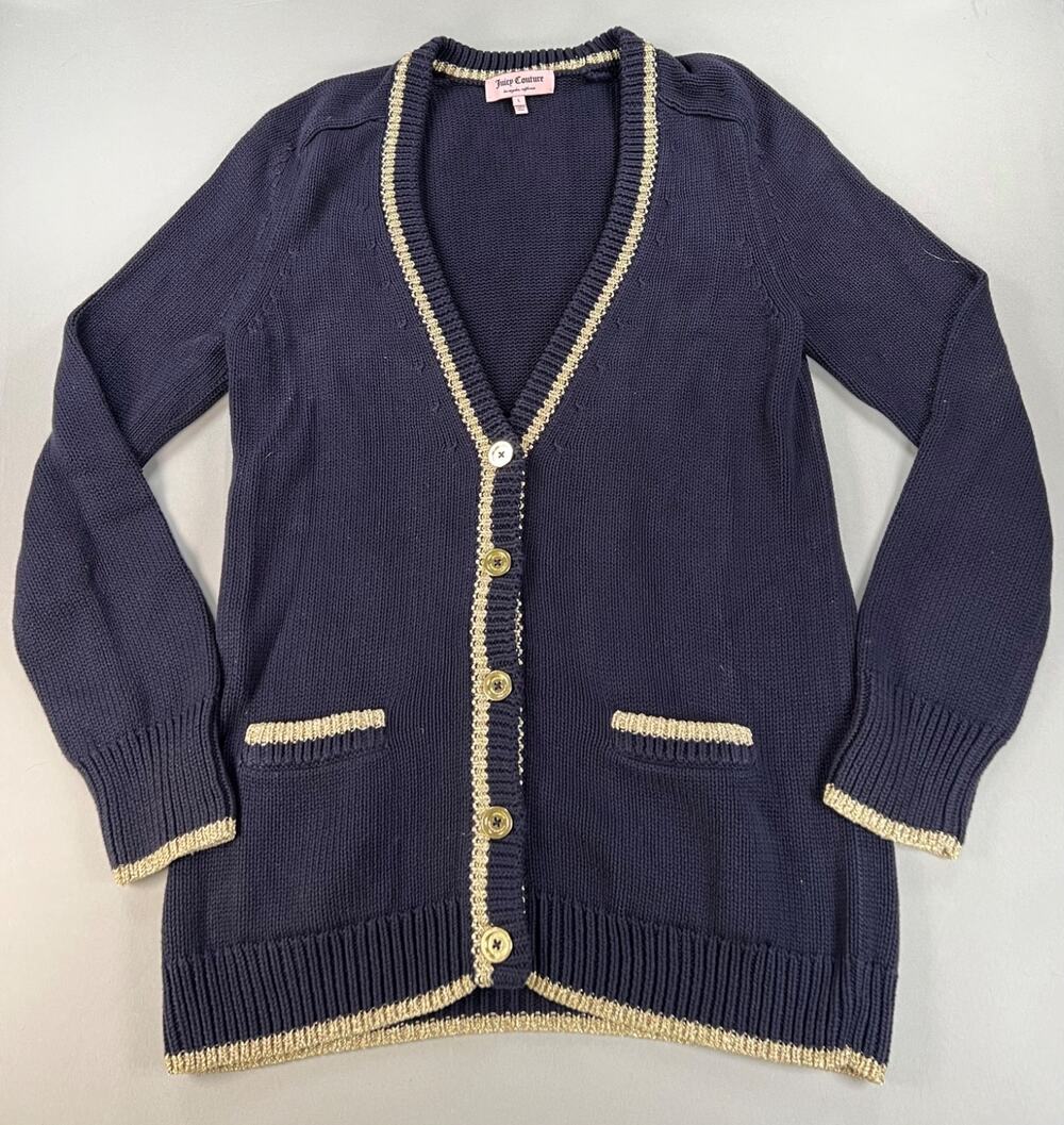 Juicy Couture Vintage Y2K Navy/Gold Button V-Neck Sweater (Size L) MSRP $218